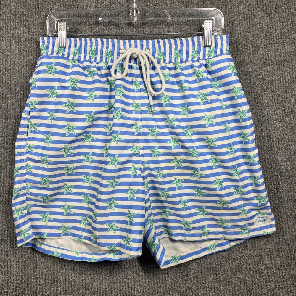 Bald Head Blues Swim Trunks Mens Small Blue White Striped Starfish Mesh Lining